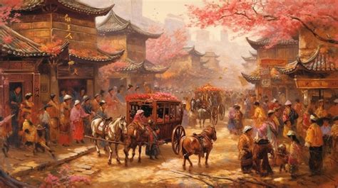 Premium AI Image | A painting of a street scene with a horse drawn cart.