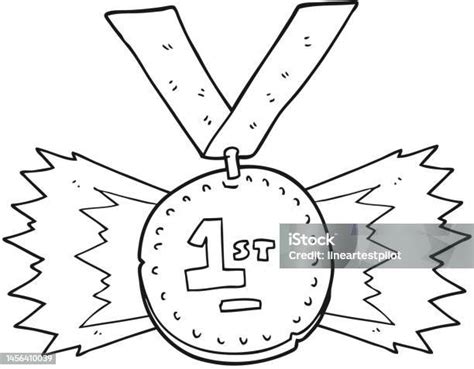 Freehand Drawn Black And White Cartoon First Place Medal Stock