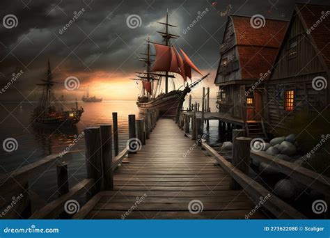 Pirate Port Overlooking Old Sailing Ship In Sea At Sunset, Generative AI Royalty-Free Stock ...