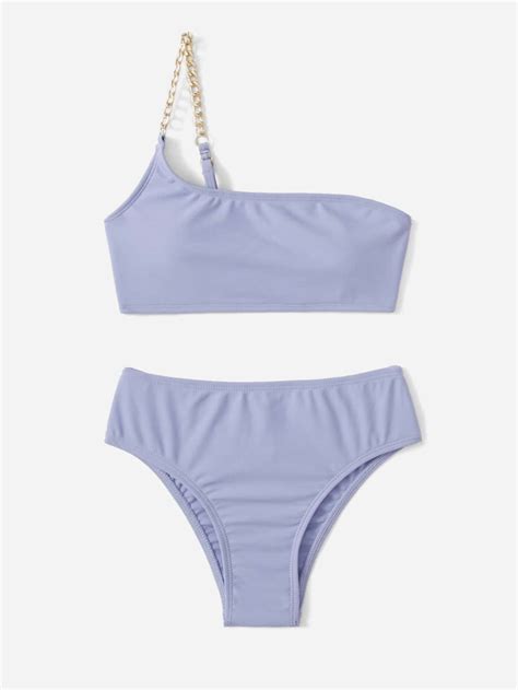 Conjunto de Maiô Bikini Ombro Único Correntes para Meninas Pré Adolescentes Praia de Verão