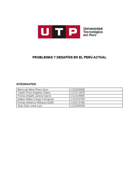 Tarea problemas y desafios PROBLEMAS Y DESAFÍOS EN EL PERÚ ACTUAL