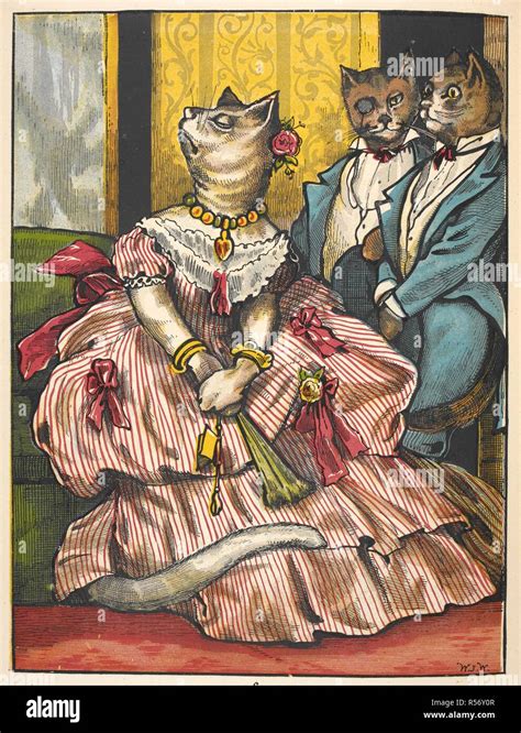 Miss Mouser, a cat, wearing a dress, being admired by two male cats ...