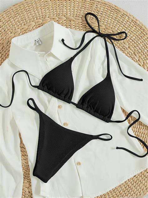 Conjunto de bikini acanalado Sujetador triángulo halter de espalda con cordón Tanga Traje de