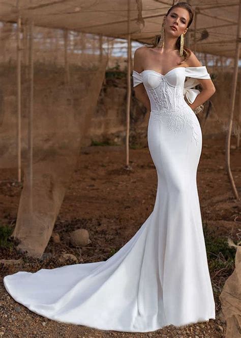 Off Shoulder White Lace Satin Corset Back Wedding Dress Satin Bridal Gowns Wedding Dresses