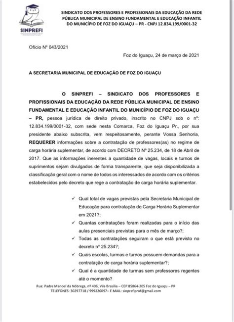 Sinprefi Protocola OfÍcio Para A Secretaria Municipal De EducaÇÃo