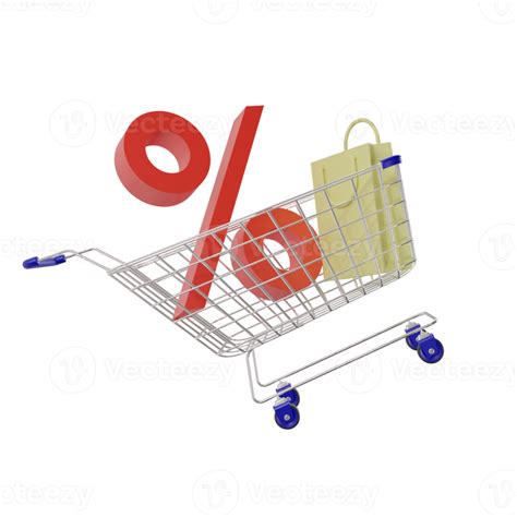 carrito de compras con bolsas de compras y símbolo de porcentaje sobre