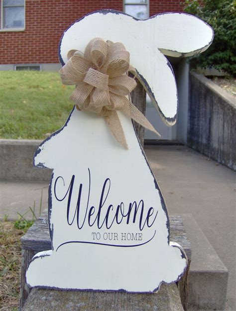 Welcome To Our Home Sign Easter Bunny Rabbit Wood Farmhouse Decor