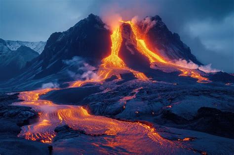 Premium Photo | Close view of a volcanic eruption with lava flows