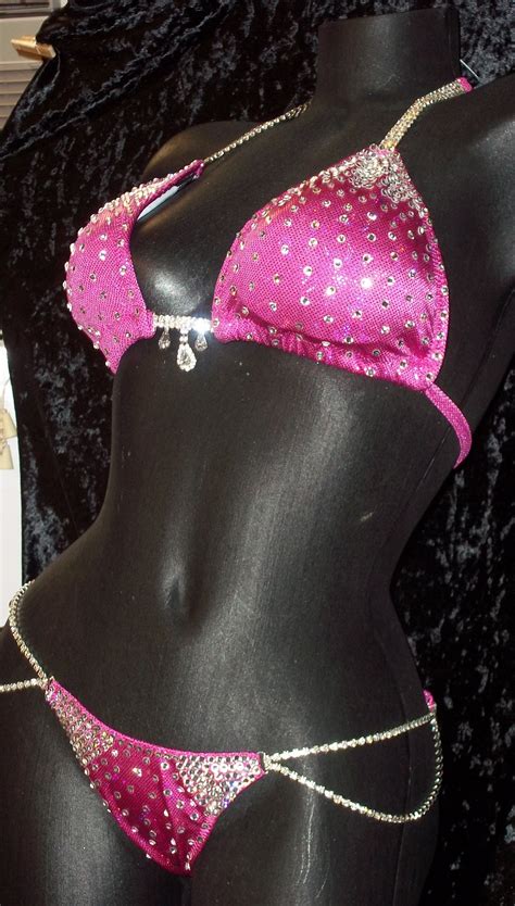 Style Hot Pink Metallic Hologram Competition Bikini With Rhinestone