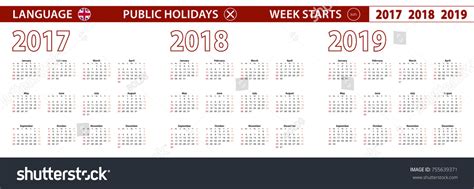 2017 2018 2019 Year Vector Calendar 库存矢量图（免版税）755639371 Shutterstock