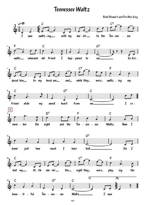 Tennessee Waltz Lead Sheet With Lyrics Sheet Music For Piano Solo Easy