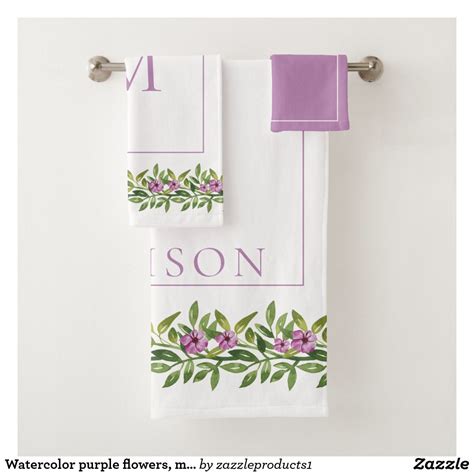 Watercolor Purple Flowers Monogram Floral Bath Towel Set Zazzle