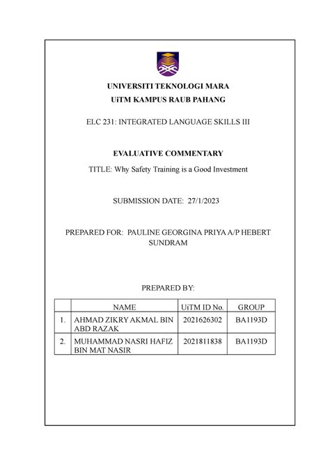 Evaluative Commentary Universiti Teknologi Mara Uitm Kampus Raub