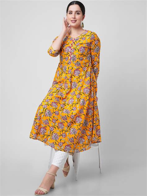 Buy Kalini Women Yellow Floral Printed Thread Work Handloom Kurta