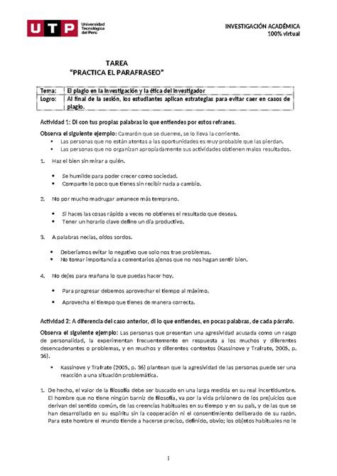 Semana 1 Invest TAREA PRACTICA EL PARAFRASEO Tema El Plagio En La