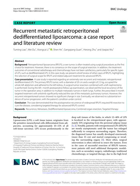 Pdf Recurrent Metastatic Retroperitoneal Dedifferentiated Liposarcoma