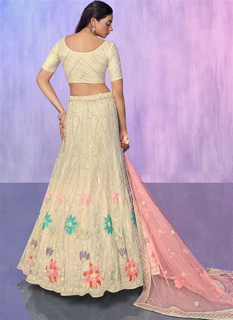 Shop Off White Net Embroidered Umbrella Lehenga Party Wear Online At