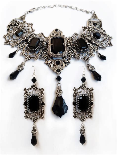 Gothic Jewelry Set Of Silver Choker Necklace Bracelet And Earrings With