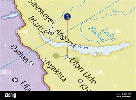 close    ulan ude city   blue pin needle  russia country political map stock photo