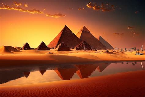 Premium AI Image | The egyptian pyramids and the Nile River at Sunset