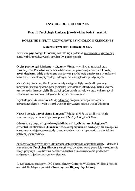 P Kliniczna Notatki z ćwiczeń PSYCHOLOGIA KLINICZNA Temat 1