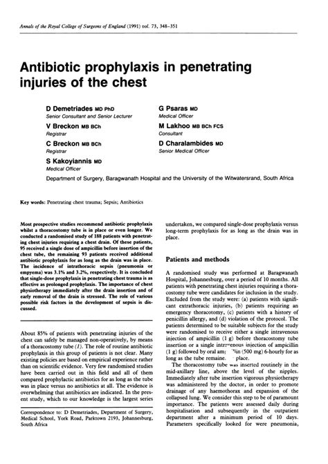 Pdf Antibiotic Prophylaxis In Penetrating Injuries Of The Chest