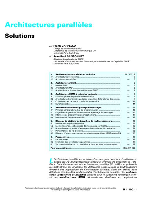 SOLUTION Techniques De L Ing Nieur Architectures Parall Les Solutions