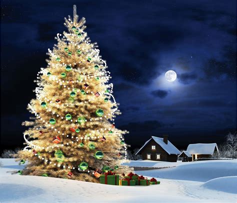 a lit christmas tree in the snow at night with a full moon and stars ...