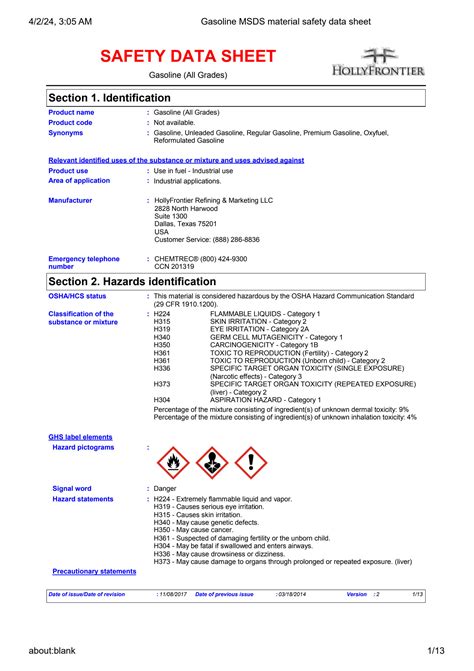 Solution Gasoline Msds Material Safety Data Sheet Studypool