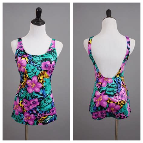 Pin Up Swimsuit 80s Does 50s Tropical Print Bathing Suit M L Etsy