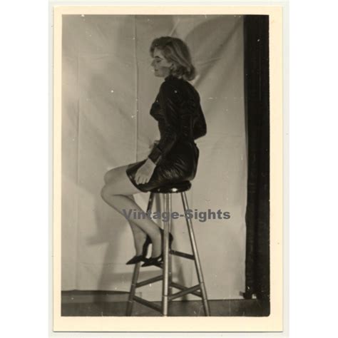 Blonde Woman In Lacquer Fetish Dress 2 Bar Stool Bdsm Vintage Photo ~1960s