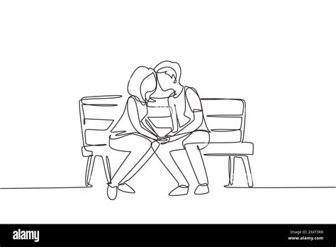 Single One Line Drawing Kissing Couple Young Man And Woman Face To Face Sitting On Park Bench