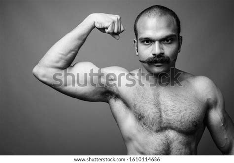 Muscular Indian Man Mustache Shirtless Against Foto De Stock 1610114686 Shutterstock