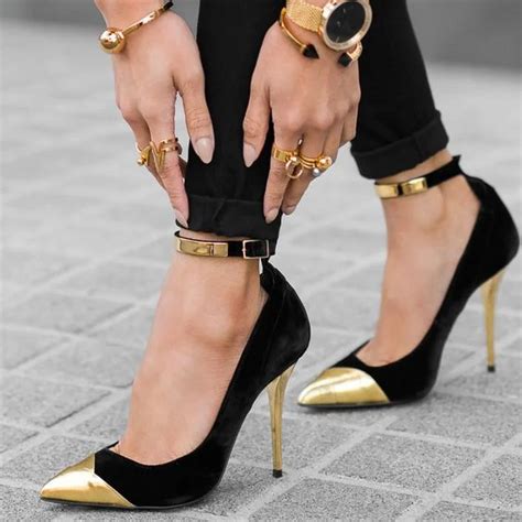 Black And Gold Ankle Strap Heels Pointed Toe Stiletto Pumps Shoes Fsjshoes