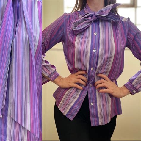 Vintage 80s Purple Stripe Pussy Bow Blouse 80s Secretary Style Light Flowy Top Etsy