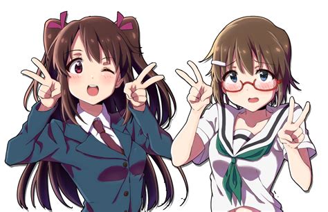 2girls Blue Eyes Blush Brown Hair Glasses Long Hair Original Purple Eyes Rariemonn School