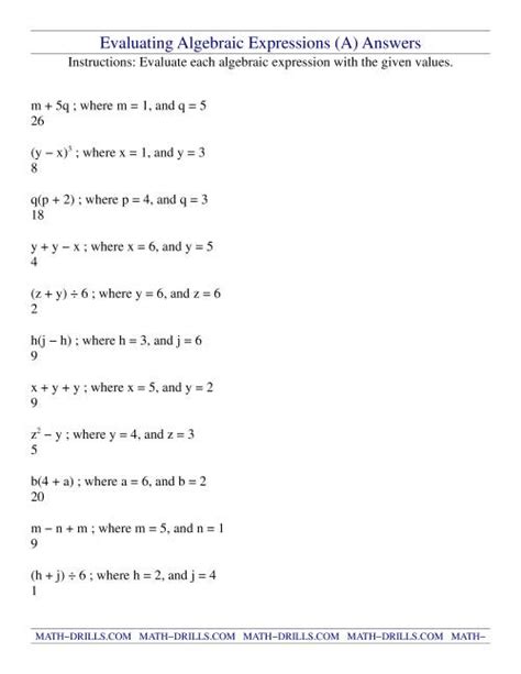 Evaluating Algebraic Expressions A Worksheets Library