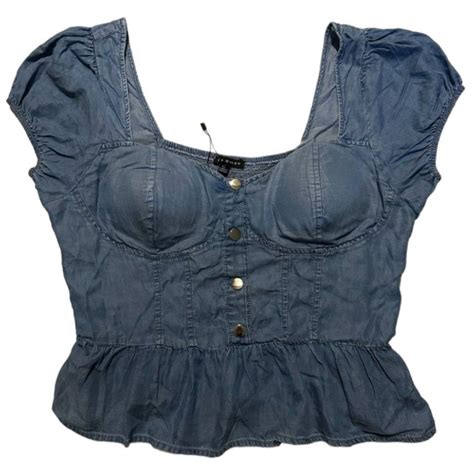 Jual Denim Cup Bra Milkmaid Puffy Buttoned Top Squareneck Soft