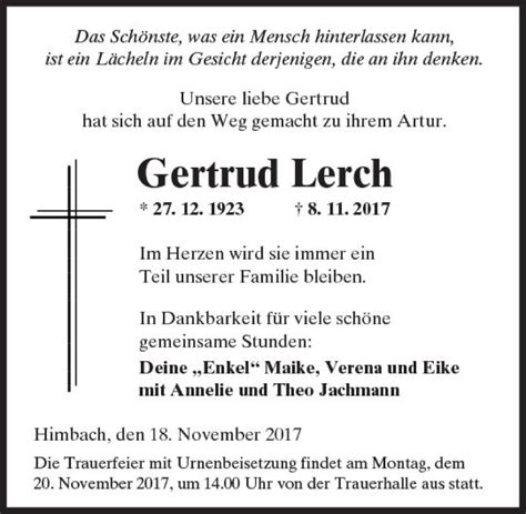 Traueranzeigen Von Gertrud Lerch Vrm Trauer De