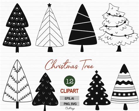 Christmas Tree SVG, Outline Tree Clipart, Line Christmas Clipart, Xmas Tree Vector, Black Xmas ...