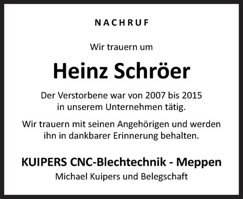 Traueranzeigen von Heinz Schröer noz Trauerportal