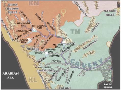 kaveri cauvery river system origin  tributaries
