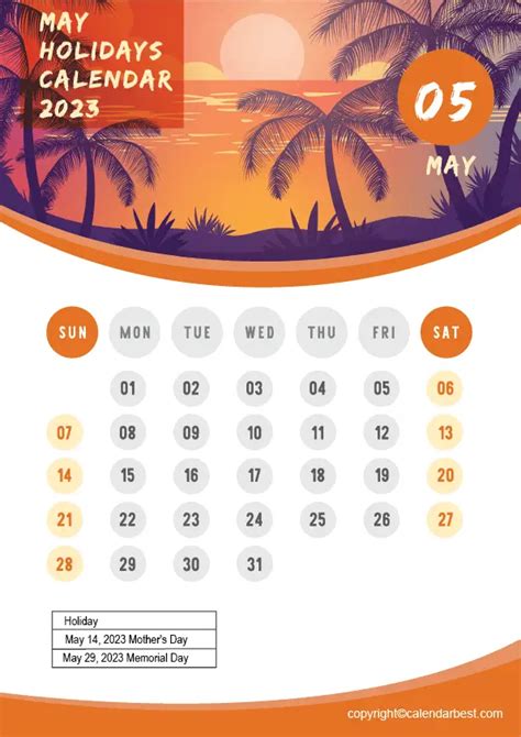 May Holidays Calendar 2023 – Printable Template in PDF