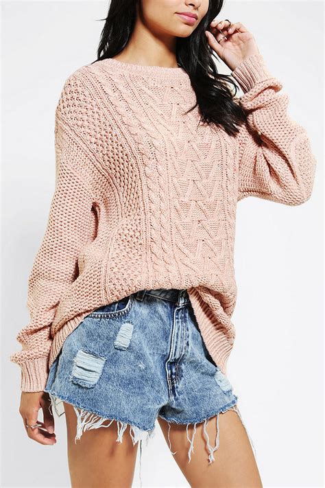 Urban Outfitters Bdg Fall For Cable Knit Sweater In Rose Pink Lyst