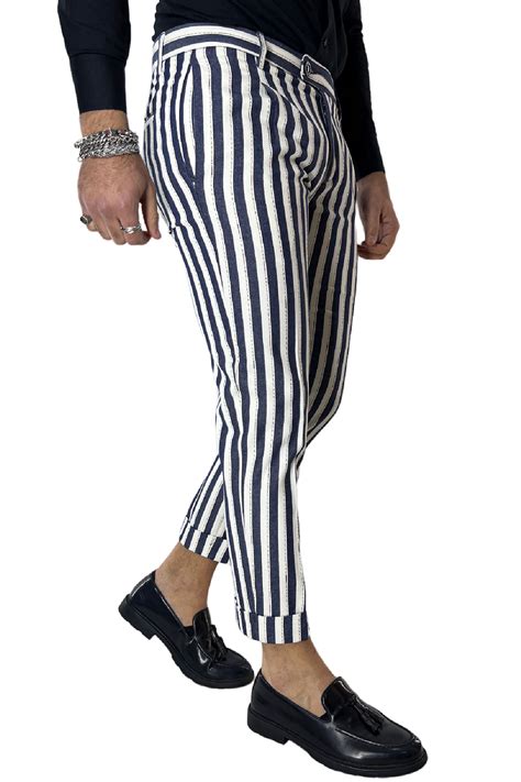 Pantalone Uomo Rigato Blu Bianco In Misto Lino Tasca America Una Pence