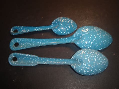 3 Vintage Blue Speckled Graniteware Enamel Ware Mixing Spoons For Camp