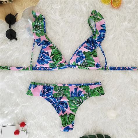 Colorful Printed Sexy Bikini Set For Women With Pad Ruffle Swimsuit