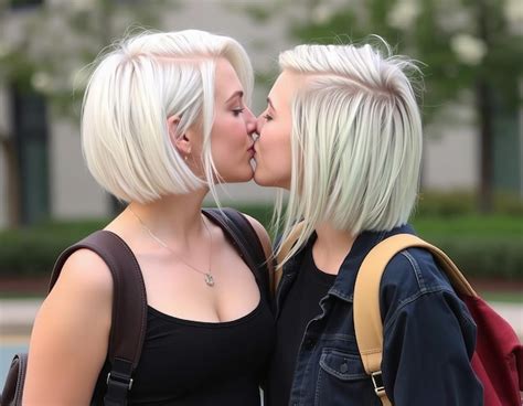 Two Blonde Women Are Kissing In Front Of A Building Premium AI Generated Image