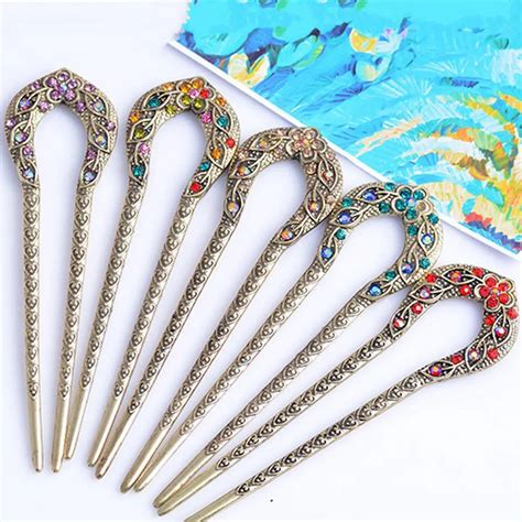 Pcs Vintage Exquisite Flower Rhinestone Hair Stick Bronze U Shape