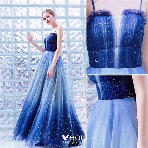 Modern / Fashion Ocean Blue Evening Dresses 2019 A-Line / Princess Spaghetti Straps Star Sequins ...